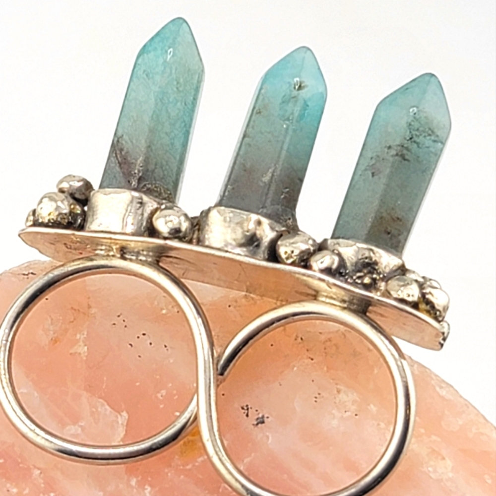 3 SPIKES AQUAMARINE DOUBLE RING BAND HANDMADE IN STERLING SILVER METAL 8.5 & 7.5 - Picture 8 of 11